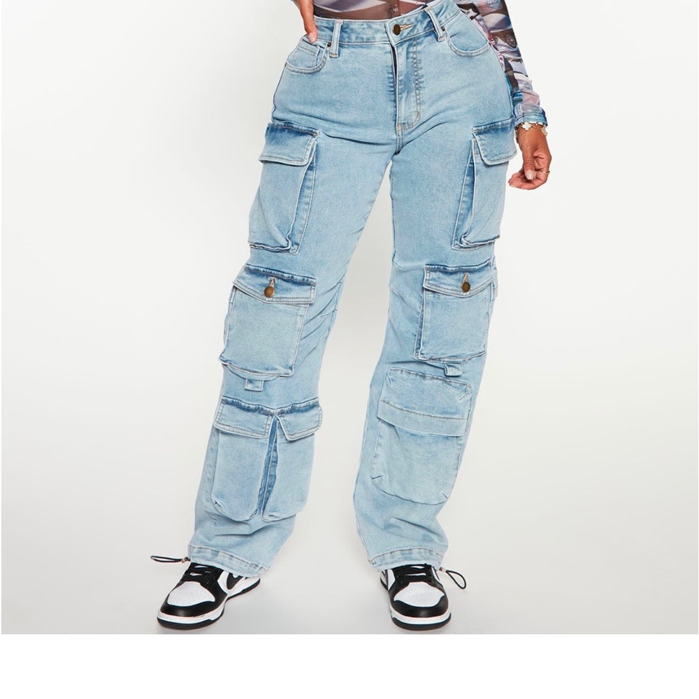 Fashion Nove Fairfax High Rise Stretch Cargo Jeans - Light Wash